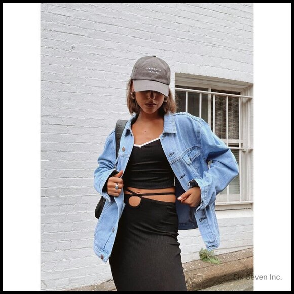 Oversized Denim Jacket Vintage Boyfriend Fit Y2K Chic Long Sleeve Coat - Picture 8 of 8